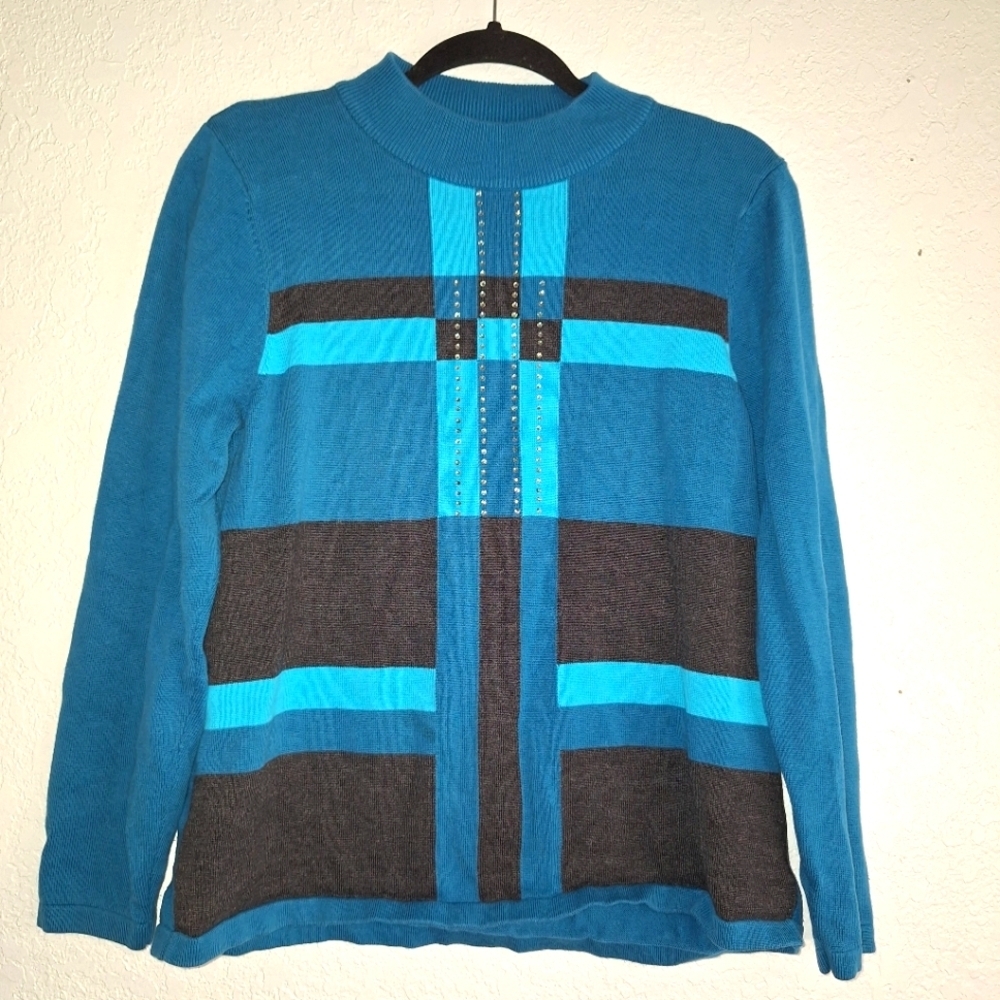 Allison Daley Turquoise & Black Pullover Rhinest Long Sleeve Sweater Size Small